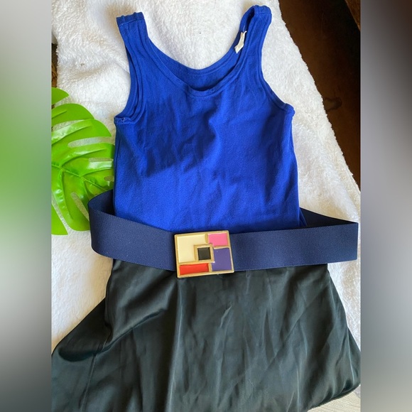 Vintage Accessories - Navy Blue Stretch Belt Enamel Rectangle Color Block Metal Buckle Vintage